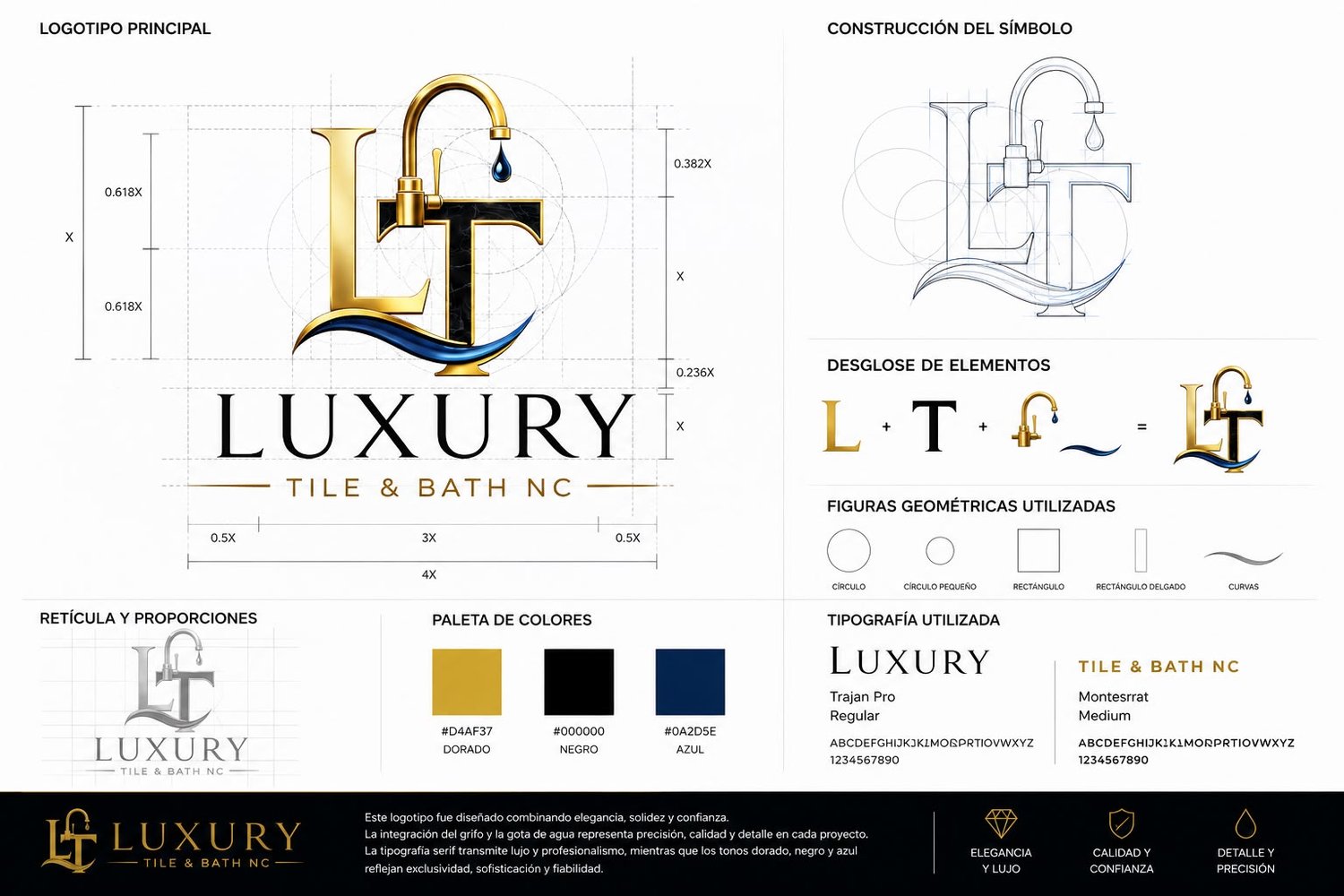 Luxury Tile & Bath NC — Construcción del logotipo: retícula, proporciones y elementos